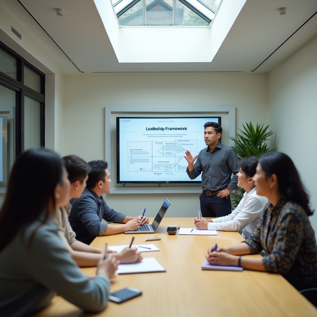 Leadership training session with Filipino professionals in a modern conference room