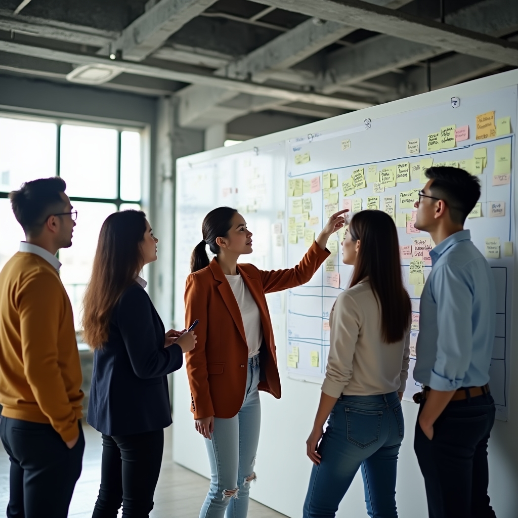Filipino project management team collaborating on a whiteboard planning session